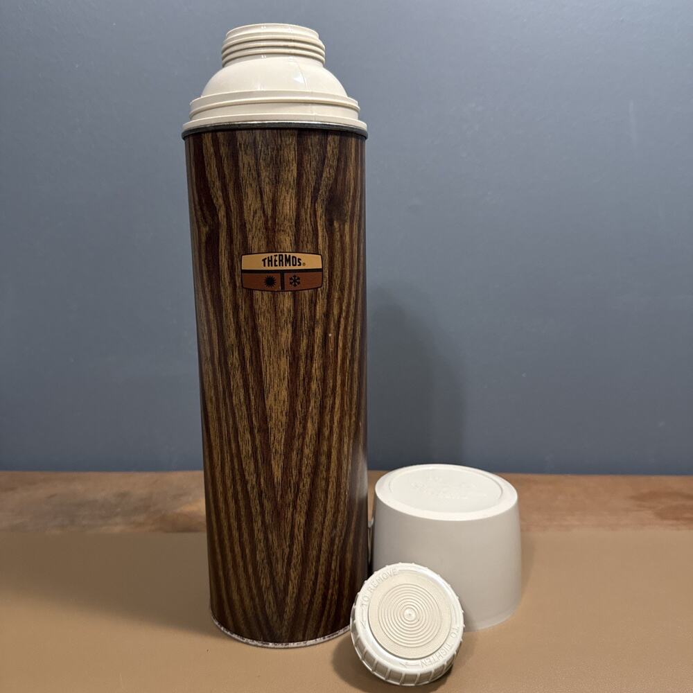 Vintage Thermos With Lid Cup Faux Wood Grain Holds 34 Oz